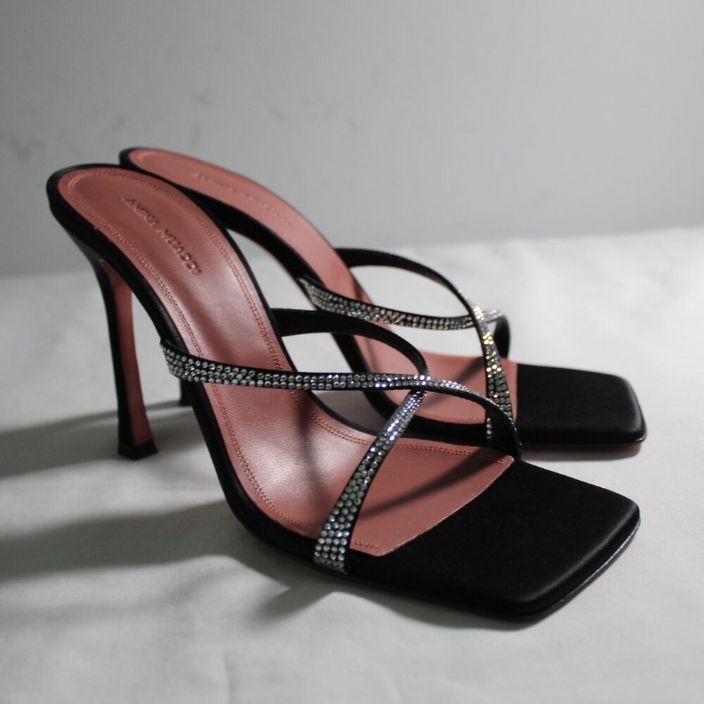 NWOB Amina Muaddi Adriana Crystal-Embellished Satin Stiletto Heels Sandals 38.5